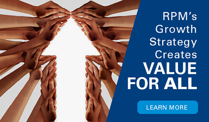 Hands meeting in the center to create the outline of an arrow with the words RPM's growth strategy creates value for all.